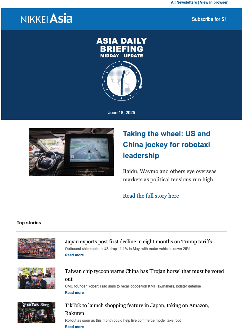 Screenshot of Nikkei Asia newsletter